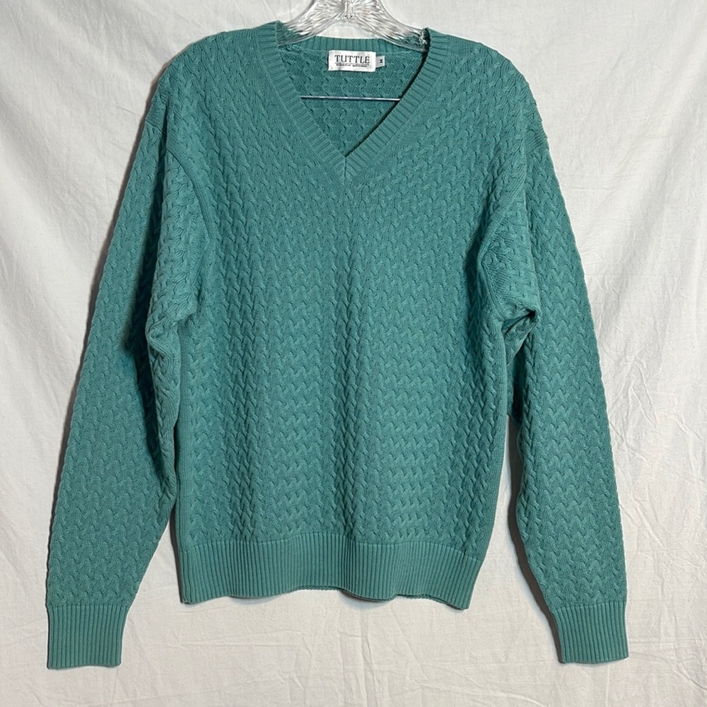 Mens Tuttle Sweater Medium Seafoam Green Textured Knit Vneck M Cotton Preppy